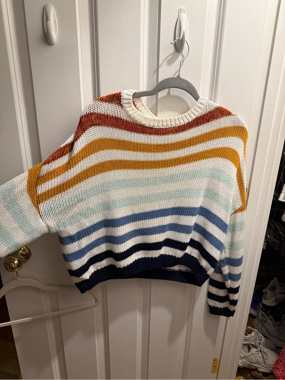 Harper Striped Crewneck Sweater in Mustard, Rust, Navy & White